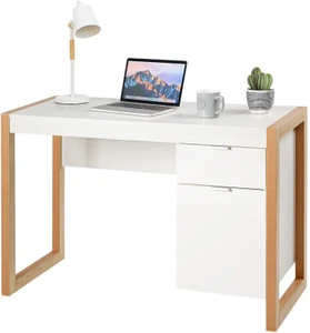 White Computer Desk with Drawer & Cabinet, Wooden Home Office Desk, PC Laptop Workstation Study Writing Desk, Ideal for Bedroom Home Office (White & Natural)