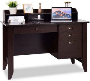 Computer Desk with 4 Storage Drawers & Hutch, Home Office Desk Vintage Desk with Storage Shelves, Wooden Executive Desk Writing Study Desk (Brown)